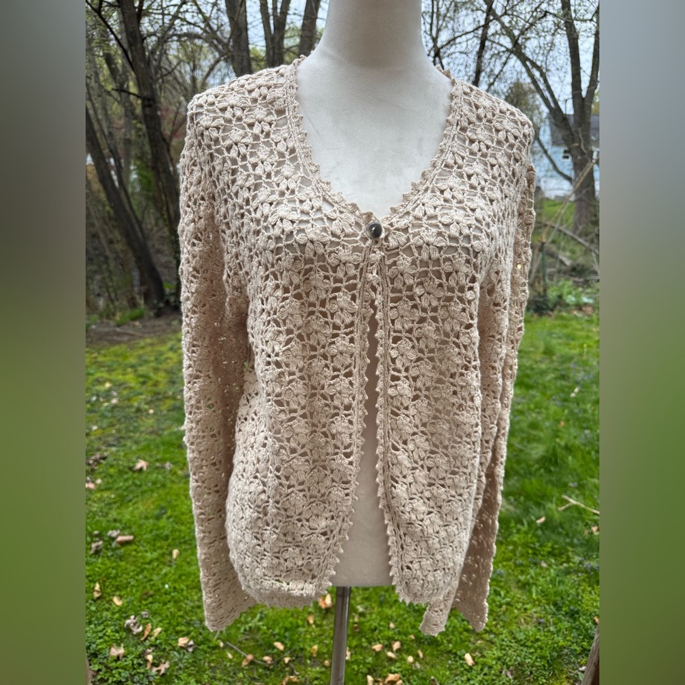Tiara International Vintage Cream Open Knit Crochet Cardigan -SEE MEASUREMENTS